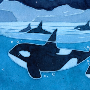May include: A watercolor painting of a pod of orcas swimming in the ocean. The orcas are black and white and are swimming in a blue ocean. The background is a dark blue sky with white stars.