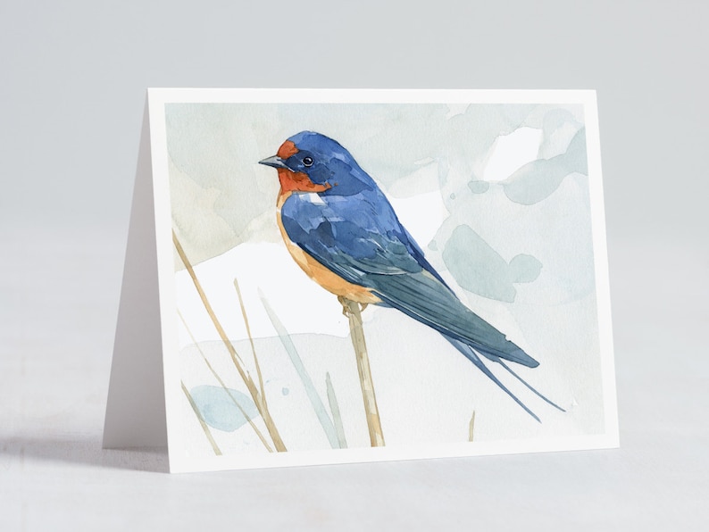 May include: Watercolour painting of a blue and orange bird perched on a twig. The bird has a long tail and is set against a pale blue background.