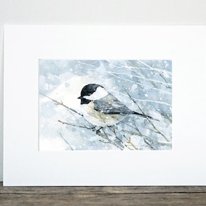 Chickadee in Snow Watercolor Art Print Bird Painting Audubon Wall Art Backyard Birdwatcher Gift