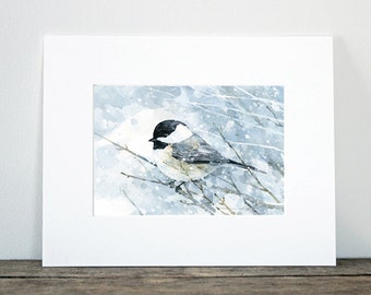 Chickadee in Snow Watercolor Art Print, Bird Painting, Audubon Wall Art, Backyard Birdwatcher Gift