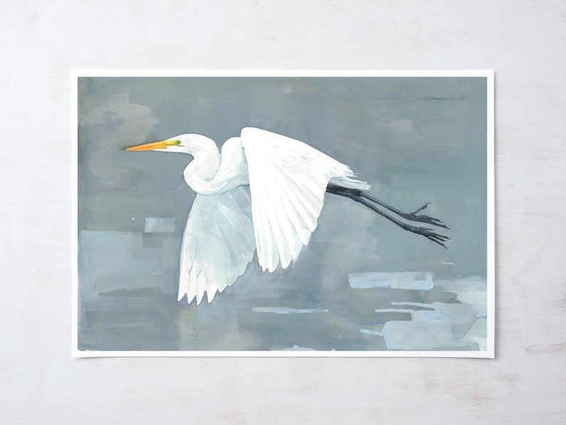 Great Egret Print Large Bird Watercolor Painting,Coastal Bird Art 13x19 inches