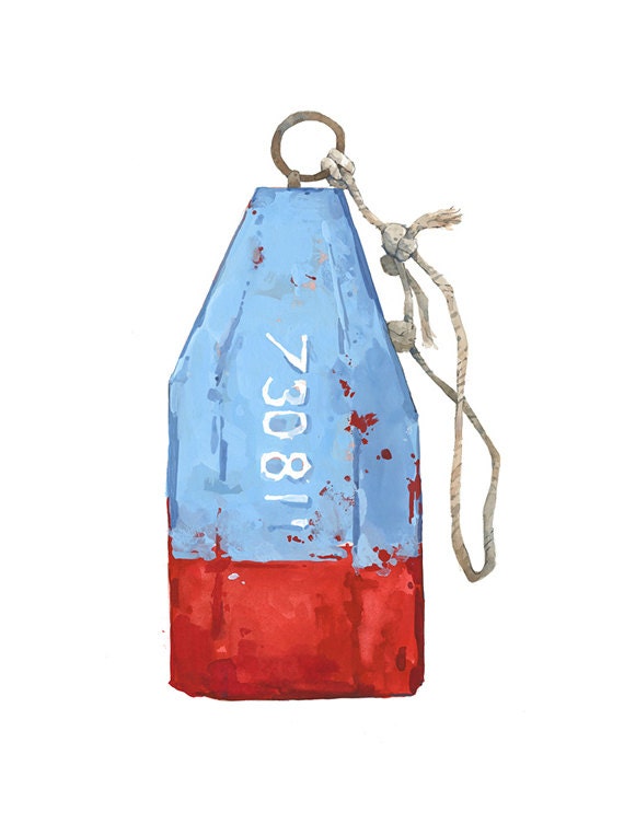 Lobster Buoy Watercolor Painting Blue and Red Nautical Print