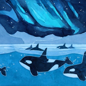 May include: A watercolor painting of a pod of orcas swimming in the ocean under a starry sky with the aurora borealis in the background.
