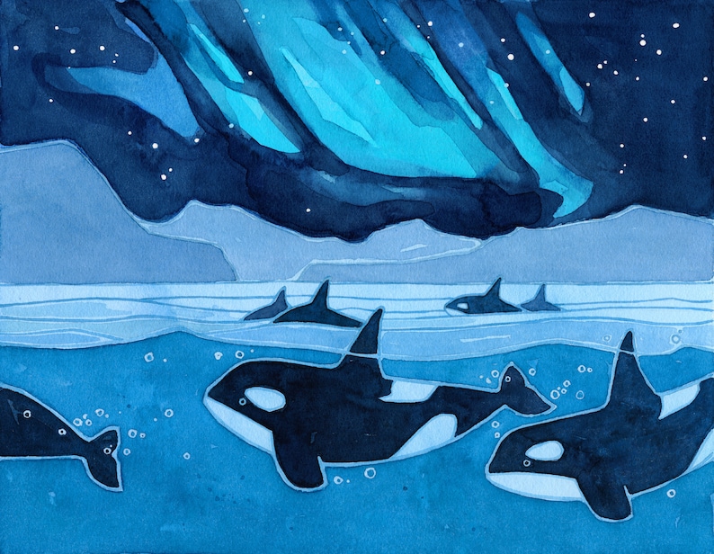 May include: A watercolor painting of a pod of orcas swimming in the ocean under a starry sky with the aurora borealis in the background.