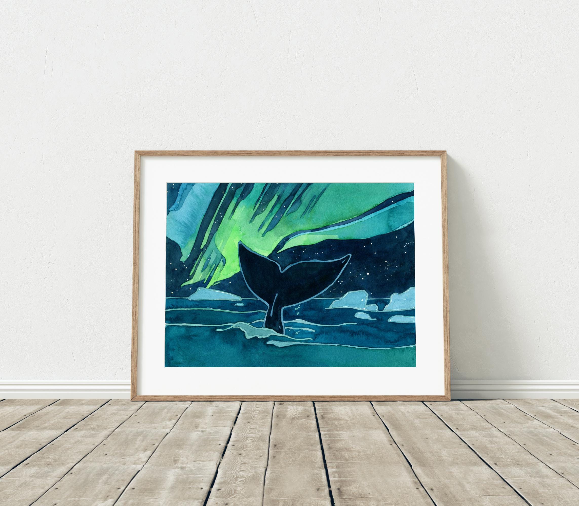 ホッキョククジラ オーロラ アートプリント オーロラ 水彩画 - Etsy 日本