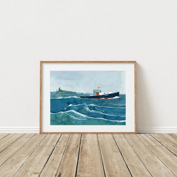 Lobster Fishing Boat Watercolor Print New England Seascape Nautical Art