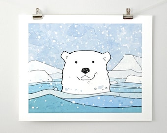 Large Polar Bear Art Print - Arctic Animal Illustration for Kids, 11x14