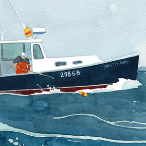 May include: A blue and white fishing boat with the name "Judith Ann" and the number "29868" painted on the side. A person in an orange jumpsuit is standing on the deck of the boat, holding a long pole. The boat is moving through the water, leaving a white wake behind it.