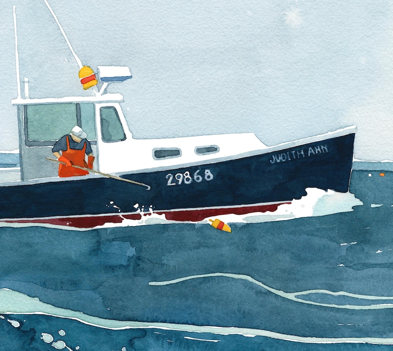 May include: A blue and white fishing boat with the name "Judith Ann" and the number "29868" painted on the side. A person in an orange jumpsuit is standing on the deck of the boat, holding a long pole. The boat is moving through the water, leaving a white wake behind it.
