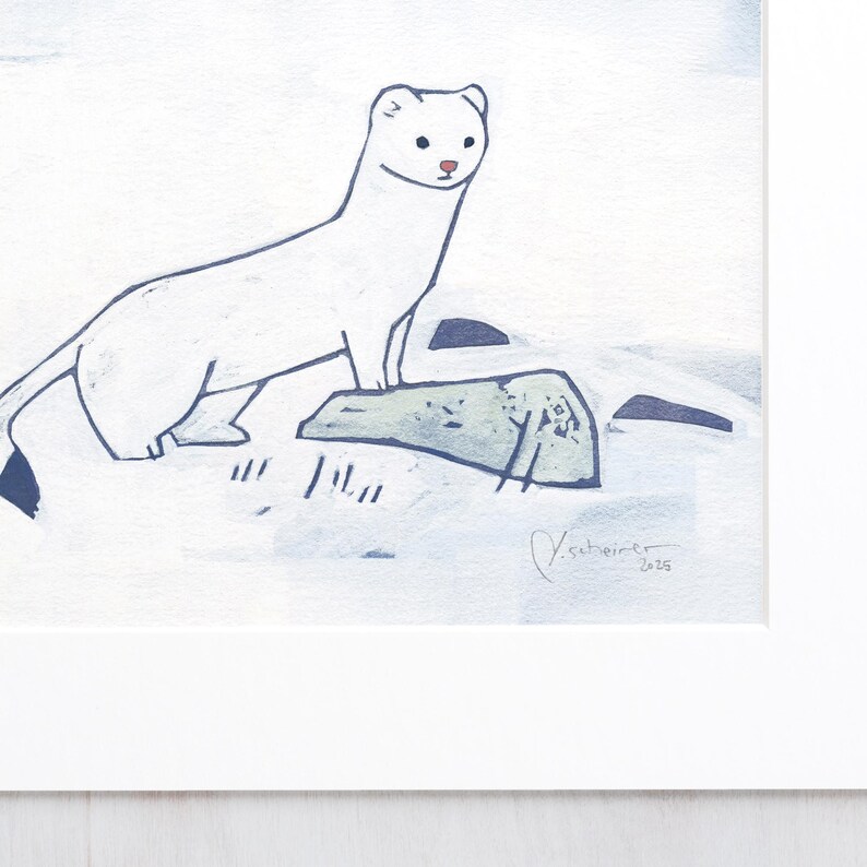 Ermine Print White Weasel in Snow Painting Animal Art image 2