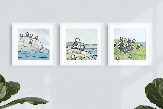 Puffins Illustration Print Set 5x5 Three Prints