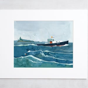 May include: A watercolor painting of a blue and white fishing boat with the number "2854" on the side, sailing through choppy blue water with a small island in the background.
