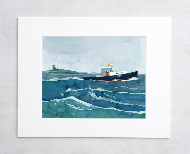 May include: A watercolor painting of a blue and white fishing boat with the number "2854" on the side, sailing through choppy blue water with a small island in the background.