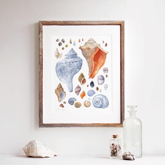 貝殻の水彩画プリント：海岸沿いのビーチハウスの装飾 - Etsy 日本