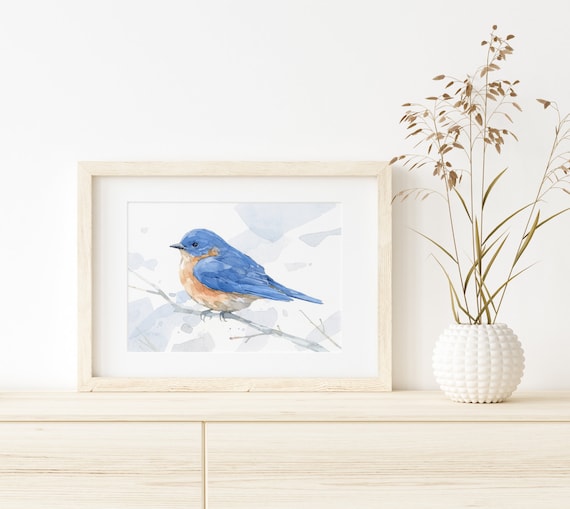 ブルーバードの水彩画プリント 森の鳥の絵 鳥の装飾 裏庭のバード