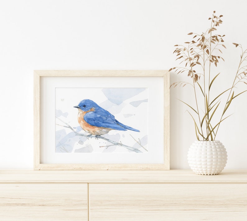 Bluebird Watercolor Print Woodland Painting Bird Decor Backyard Birdwatcher Gift 5x7 image 2