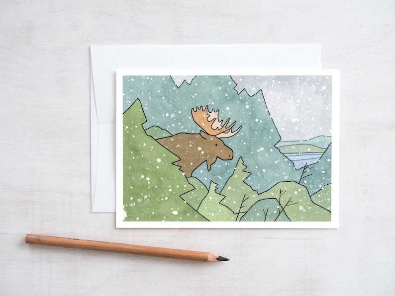 Moose Christmas Card Set Winter Nature Holiday Stationery Blank Notecard image 3