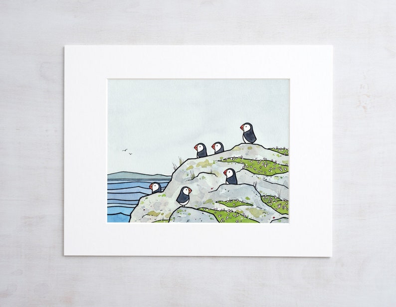Puffins and Sea Thrift Print Coastal Bird Art Animal Wall Decor image 1