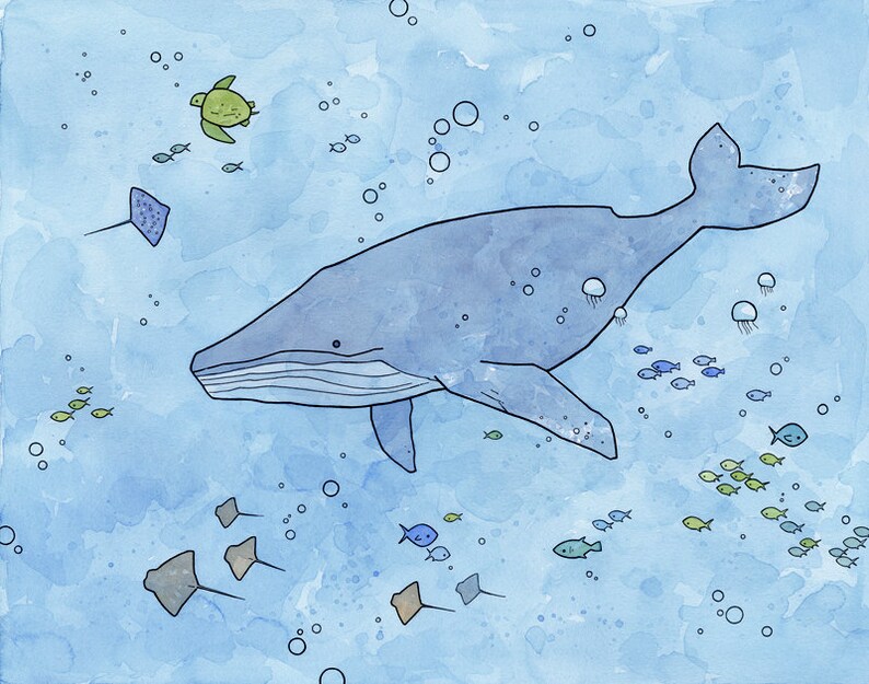 May include: A watercolor painting of a blue whale swimming in the ocean. The whale is surrounded by small fish, jellyfish, and a sea turtle. The background is a light blue color.