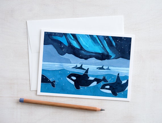 Orcas and Northern Lights Card Illustrated Killer Whales Holiday Card