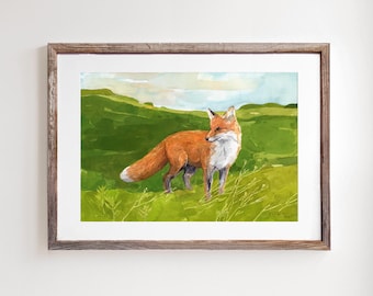 Red Fox Meadow Print Watercolor Painting