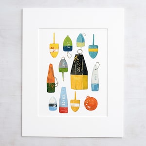 May include: A collection of 13 colorful, wooden, nautical buoys with various numbers painted on them. The buoys are arranged in a random pattern on a white background.