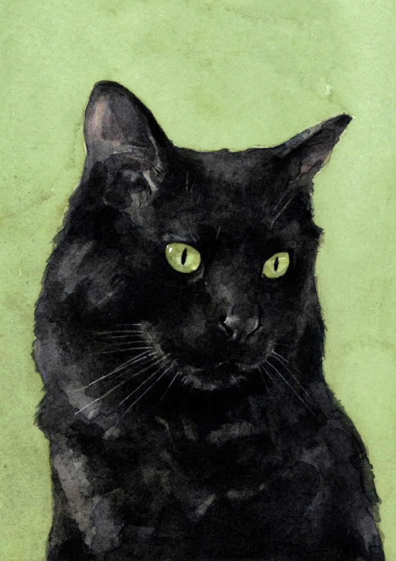 Black Cat Watercolor Painting 5x7 Print Feline Cat Lover Gift zdjęcie 2