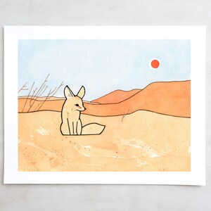 May include: A watercolour painting of a fennec fox sitting in a desert landscape. The fox is light brown with large ears and a bushy tail. The desert is a warm orange colour with a blue sky and a single red sun.