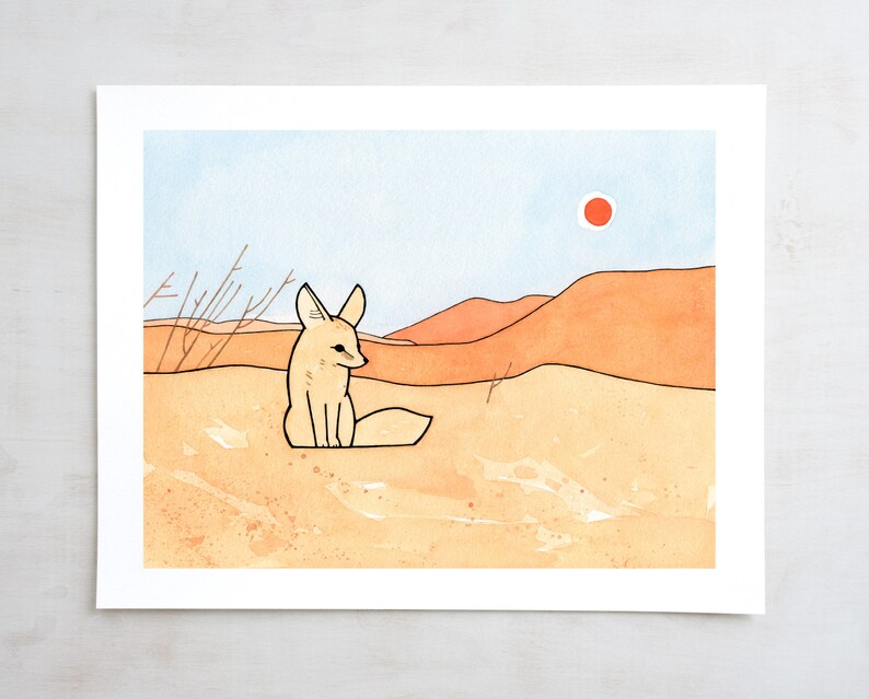 May include: A watercolour painting of a fennec fox sitting in a desert landscape. The fox is light brown with large ears and a bushy tail. The desert is a warm orange colour with a blue sky and a single red sun.