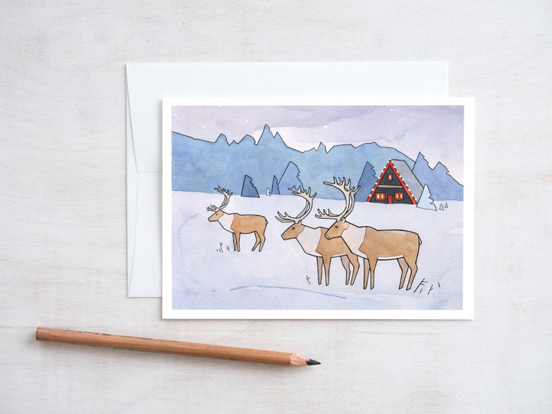 Reindeer Christmas Cards Scandinavian Holiday Whimsical Art Cards image 2