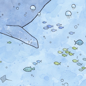 May include: A watercolor painting of a blue whale tail with a school of green and blue fish swimming around it. There are also several blue jellyfish in the water.