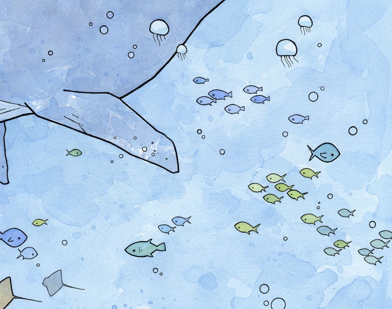 May include: A watercolor painting of a blue whale tail with a school of green and blue fish swimming around it. There are also several blue jellyfish in the water.