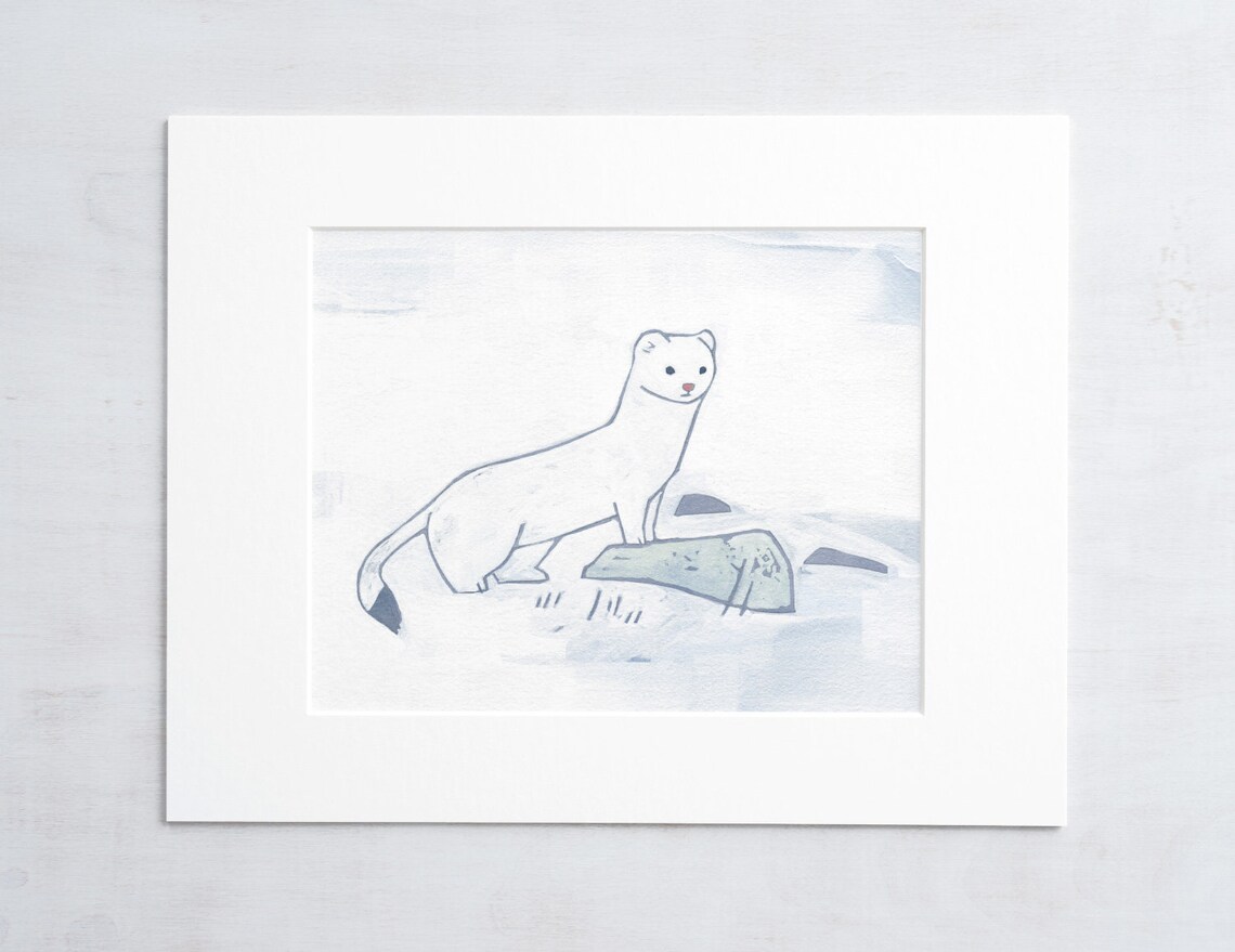 Ermine Print White Weasel in Snow Painting Whimsical Animal Etsy