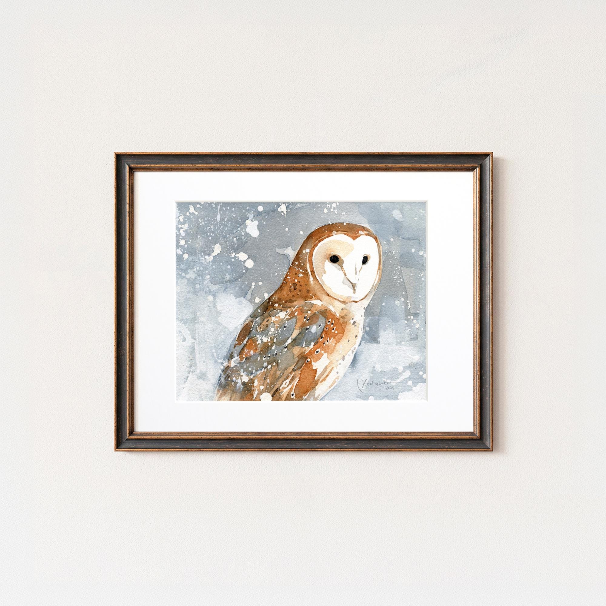 Barn Owl Snowy Art Print Winter: Watercolor Bird Painting