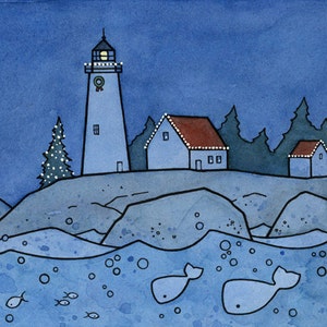 Whale Christmas Card Whimsical Nautical Lighthouse Holiday Card image 2