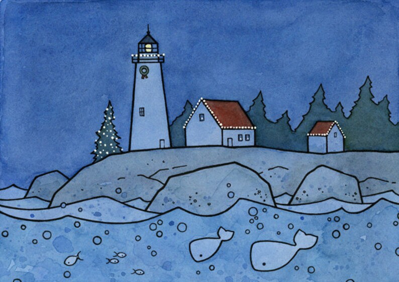 Whale Christmas Card Whimsical Nautical Lighthouse Holiday Card image 2