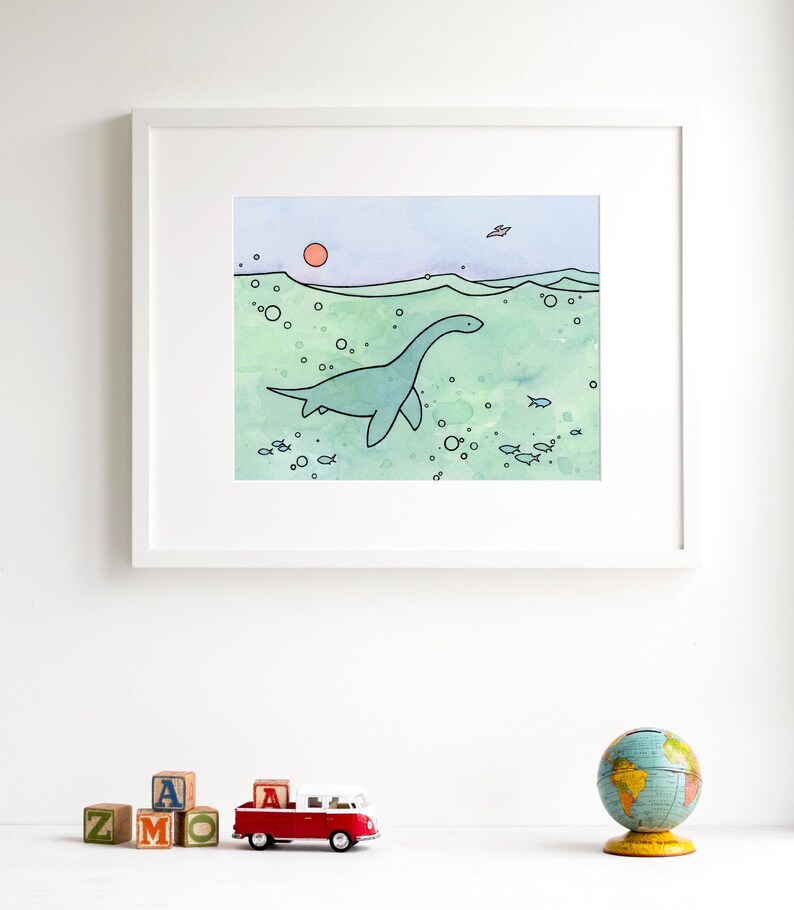 May include: A watercolor illustration of a green plesiosaur swimming in the ocean with a pink sun in the background. The plesiosaur is surrounded by bubbles and small fish.
