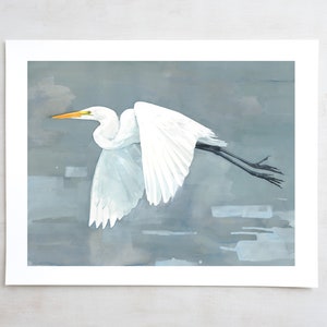 Great Egret Print Large Bird Watercolor Painting,Coastal Bird Art image 4