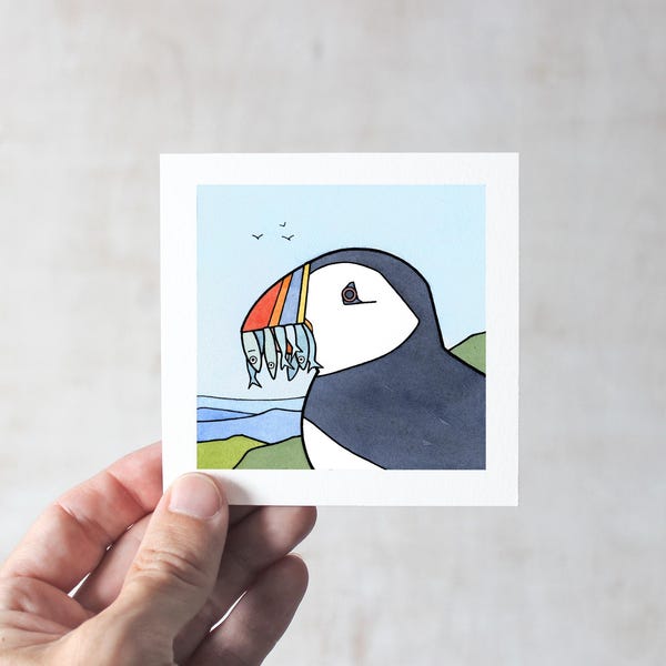Puffin with Fish Print Illustration Coastal Maine Art