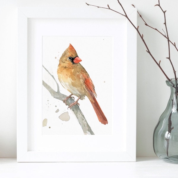 Cardenal hembra con impresión en acuarela, pintura de aves, regalo para observadores de aves