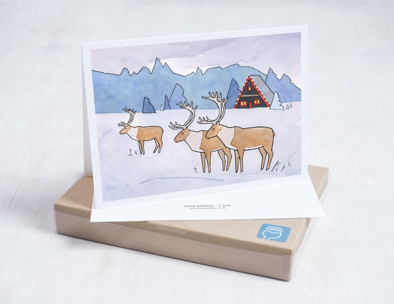 Reindeer Christmas Cards Scandinavian Holiday Whimsical Art Cards image 1