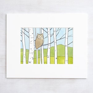 Owl in Aspens Art Print Owl Nursery Decor Illustration Print