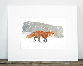 Red Fox in Snow Watercolor Painting Art Print