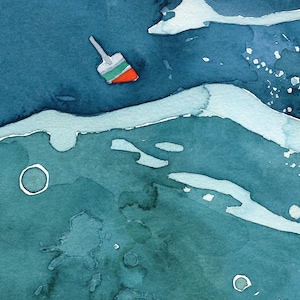 May include: A watercolor painting of a buoy floating in the ocean. The buoy is red, white, and green. The water is a deep blue with whitecaps.