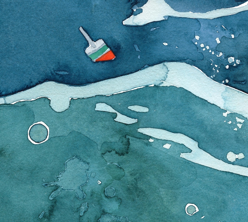 May include: A watercolor painting of a buoy floating in the ocean. The buoy is red, white, and green. The water is a deep blue with whitecaps.