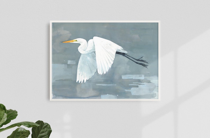 Great Egret Print Large Bird Watercolor Painting,Coastal Bird Art image 1