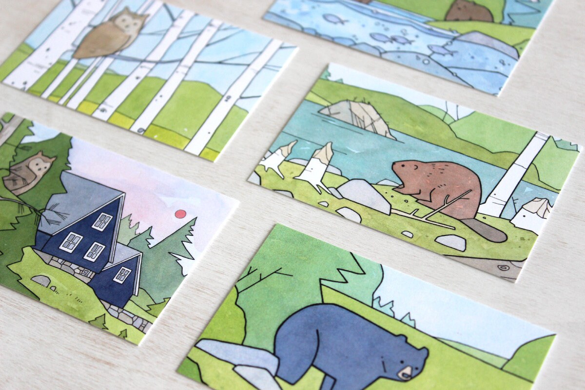 Small Gift Note Cards Summer Woodland Animals Set Mini Art Blank Tags ...