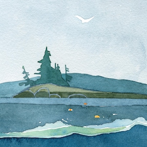 May include: A watercolor painting of a small island with a few trees on it. The island is surrounded by blue water with a white bird flying overhead.