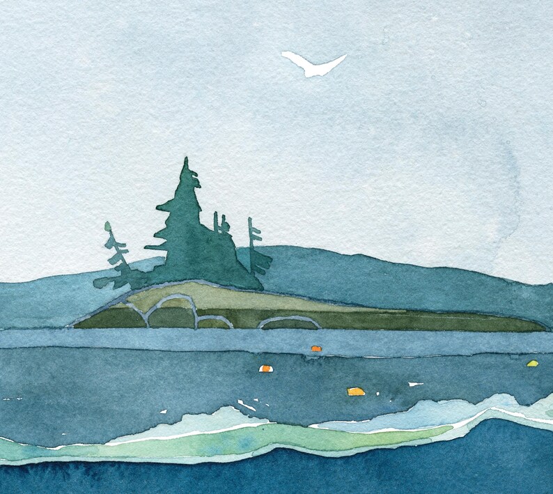 May include: A watercolor painting of a small island with a few trees on it. The island is surrounded by blue water with a white bird flying overhead.