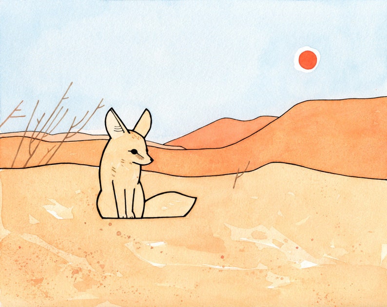 May include: A watercolour painting of a fennec fox sitting in a desert landscape. The fox is light brown with large ears and a bushy tail. The desert is a sandy colour with a red sun in the sky.